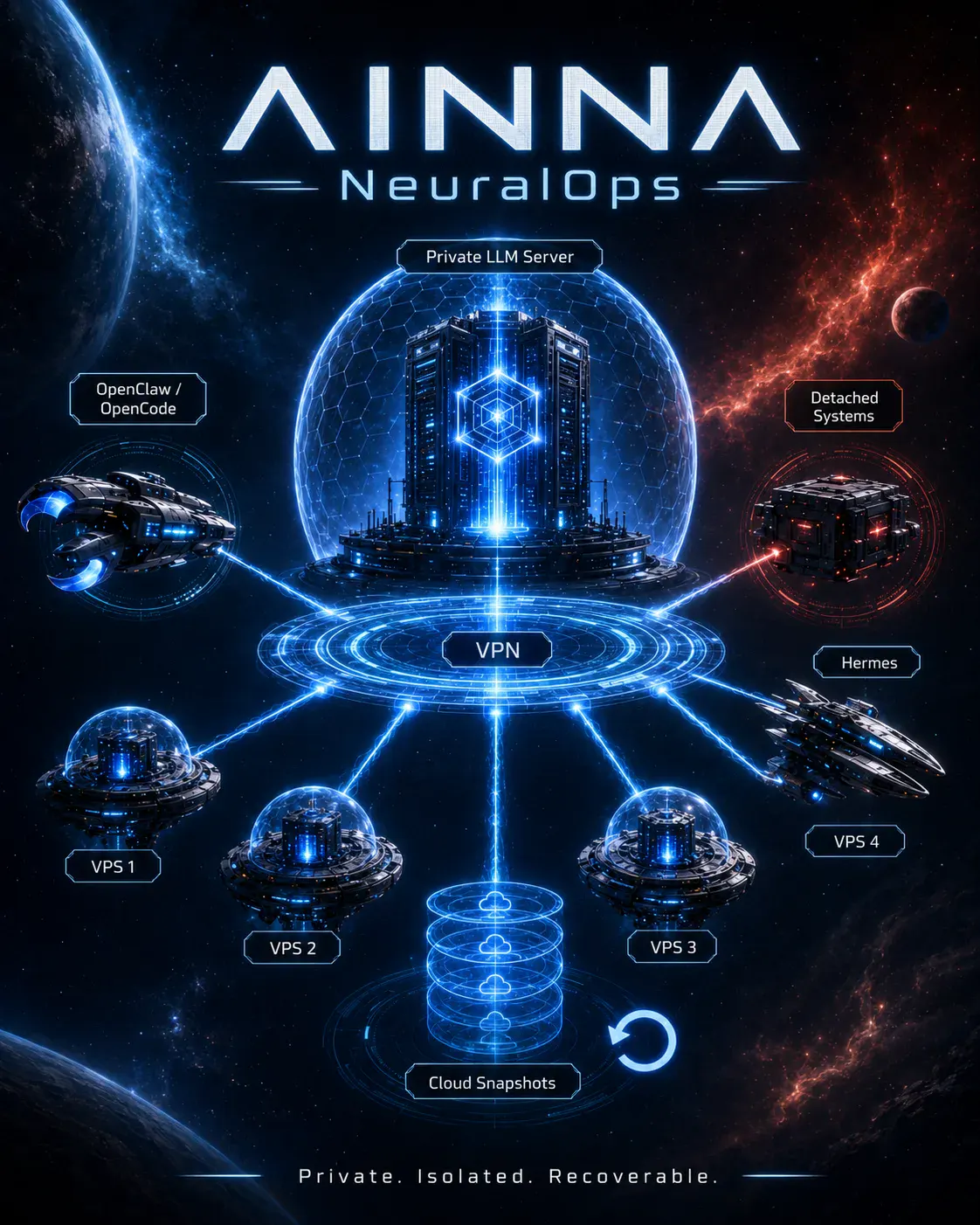 AINNA NeuralOps Infrastructure: Private LLM Server, VPN-Secured vLLM, VPS Agent Layer, Detached Systems and Hermes